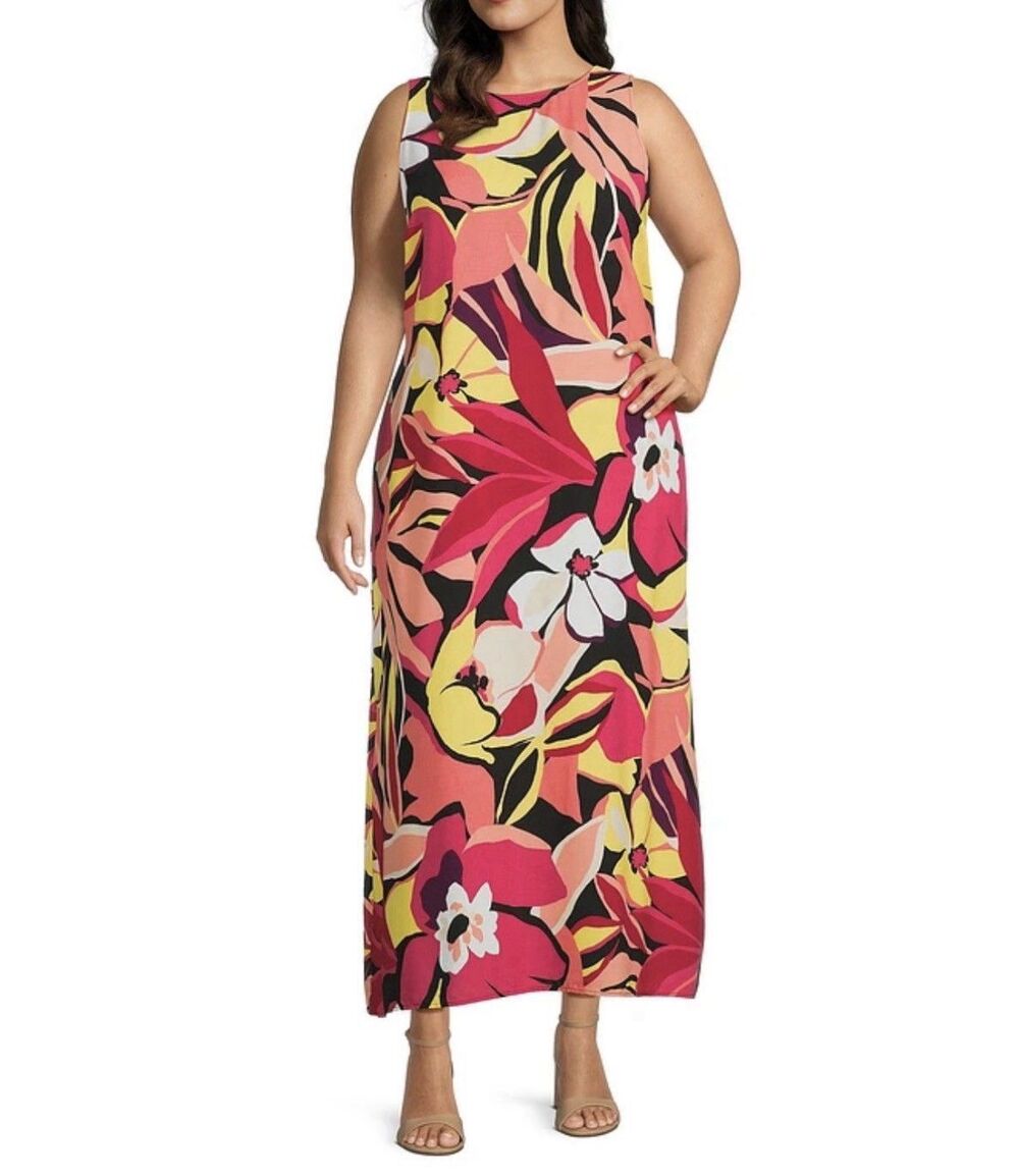 Slim Factor By Investments Women Fancy Floral Print Kelly Maxi Dress Sz 1X New